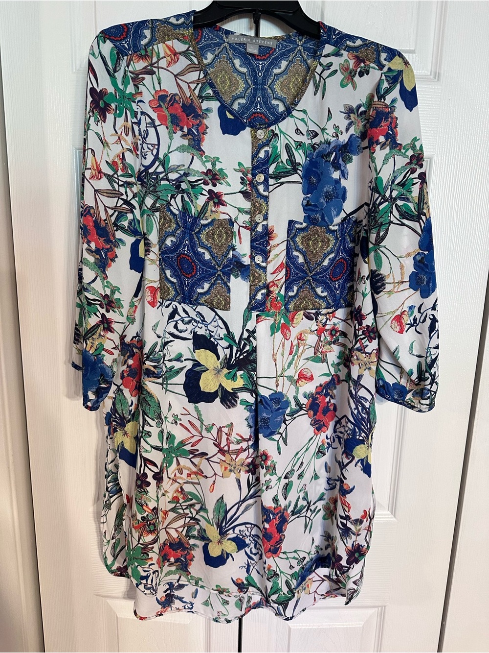 Floral Button-Front Tunic with Blue & Green Accents